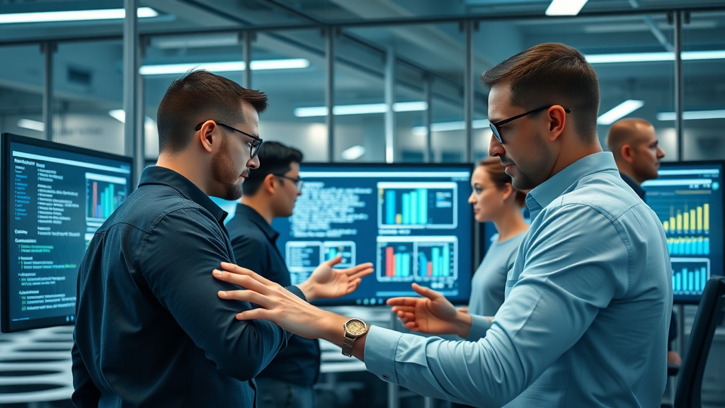 Corporate IT team integrating conversational AI platform: engineers deploying software modules, contact center ai, scalable AI agents