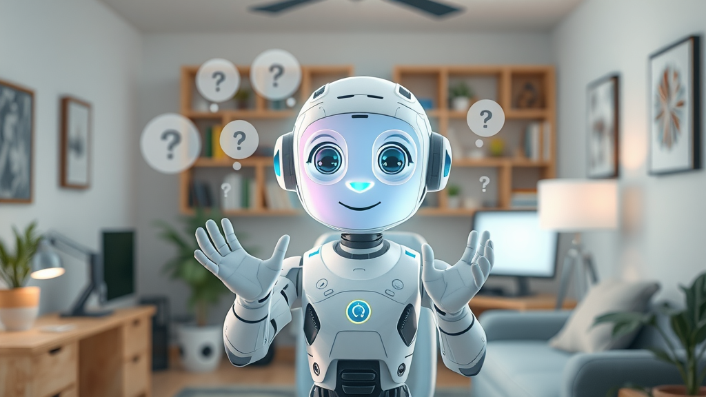 Friendly digital AI assistant answering speech-to-text AI user FAQs in a modern workspace