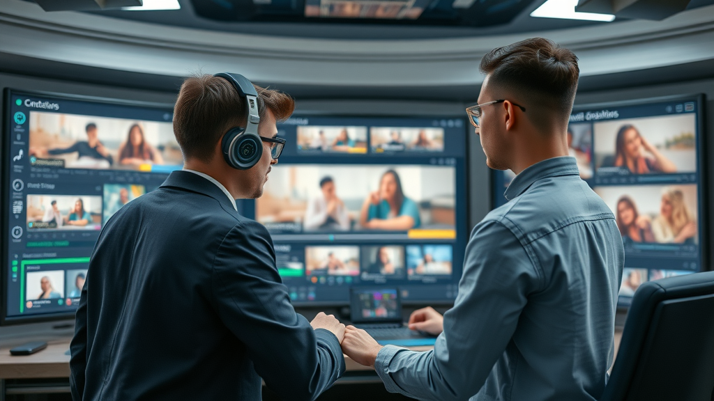 Digital media creators using AI-enhanced video editing tools for efficient content creation and management