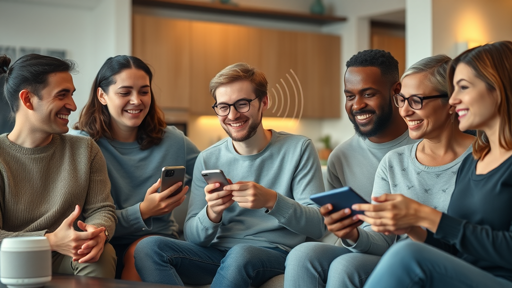 People happily using voice recognition AI in a modern home setting with smart assistants and visible mobile devices