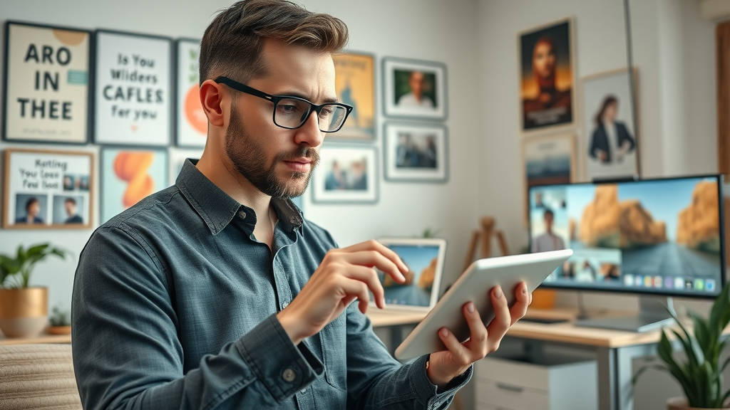 AI Digital Videos content creator selects AI video templates in a creative office with video previews