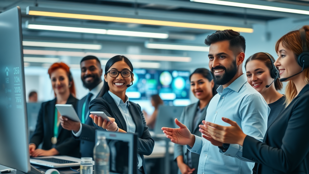 customer service automation in a modern office service center with diverse, happy support team collaborating with advanced AI digital screens