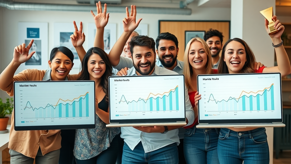 Winning team celebrating increased ROI with AI-powered copywriting tools