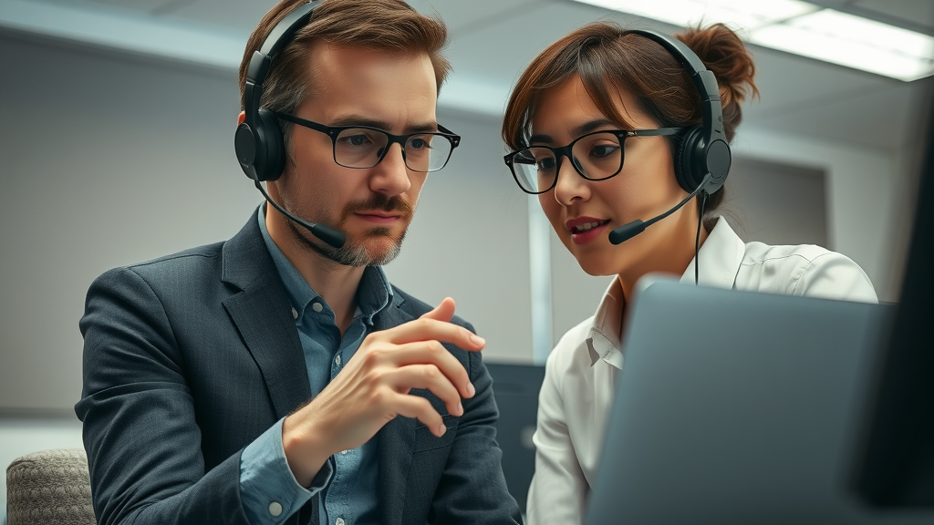 Support agent resolving complex issue during a call in a quiet, modern office