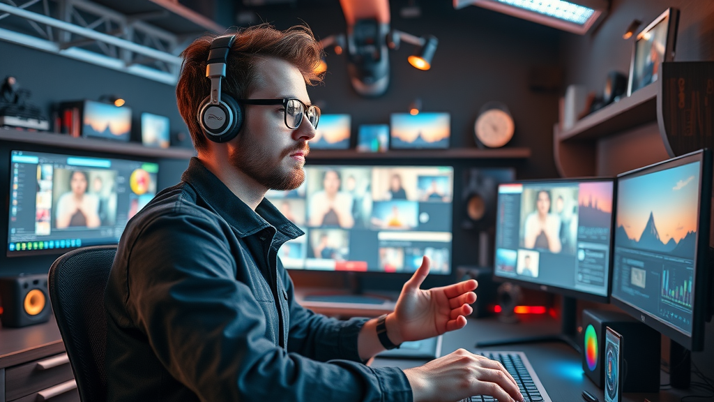content creator using AI-driven video editor and scripting tools in a digital studio