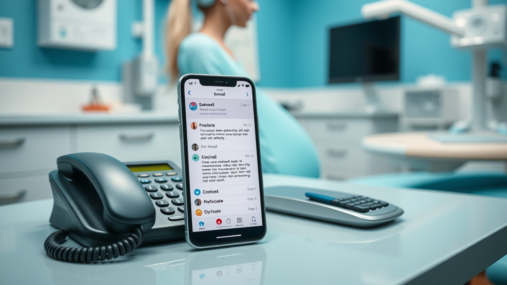 Modern dental practice desk with smartphone displaying multi-channel patient reactivation notifications—SMS, email, social, and phone calls—for greater engagement