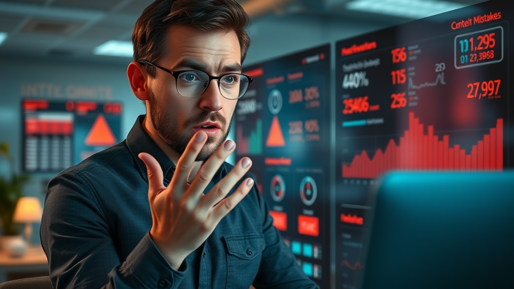 Marketer realizing AI content optimization mistakes, SEO content warning signs, AI tool dashboard errors