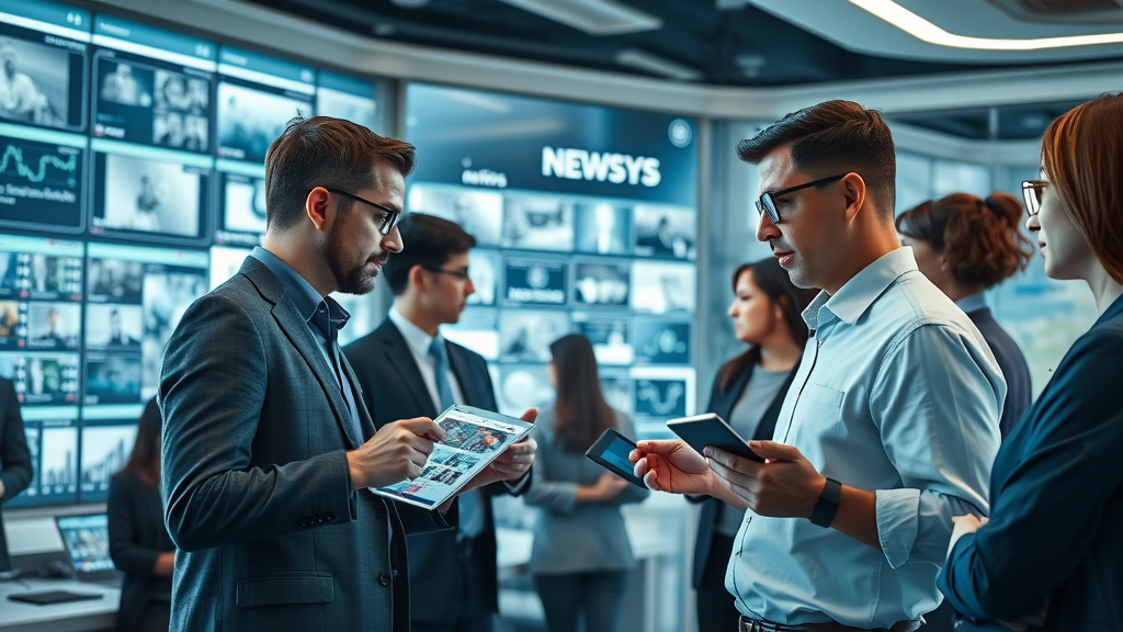 AI in media newsroom journalists collaborating with holographic interfaces, modern digital newsfeeds, AR devices, highlighting artificial intelligence in the media and entertainment industry