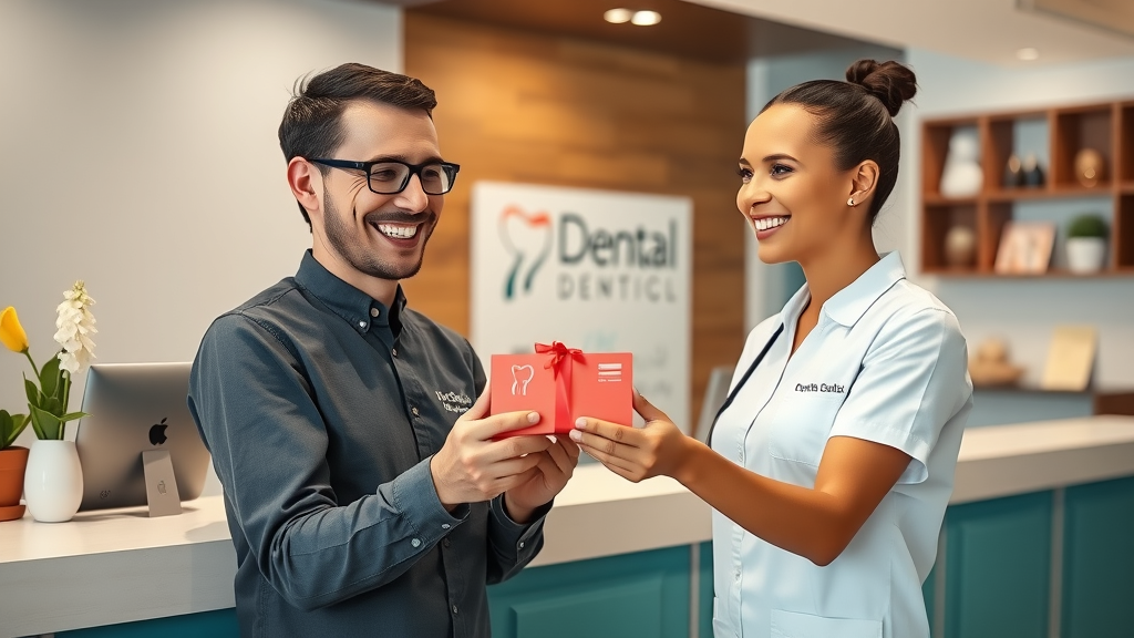 Dental Patient Reactivation with smiling patient receiving gift card from receptionist in dental practice