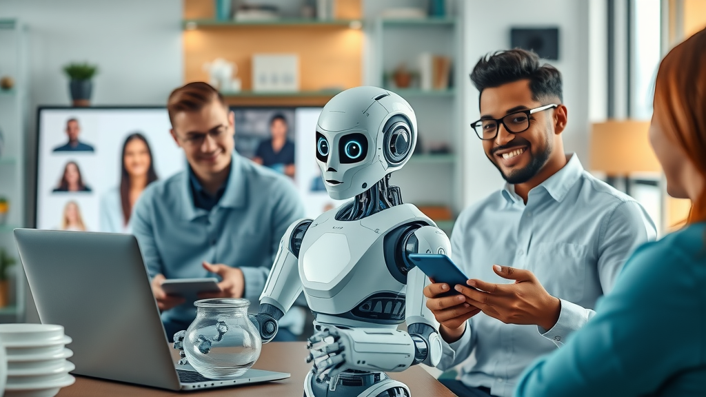 ai chatbot helping customers with instant answers on desktop and mobile, cheerful user experience, modern settings