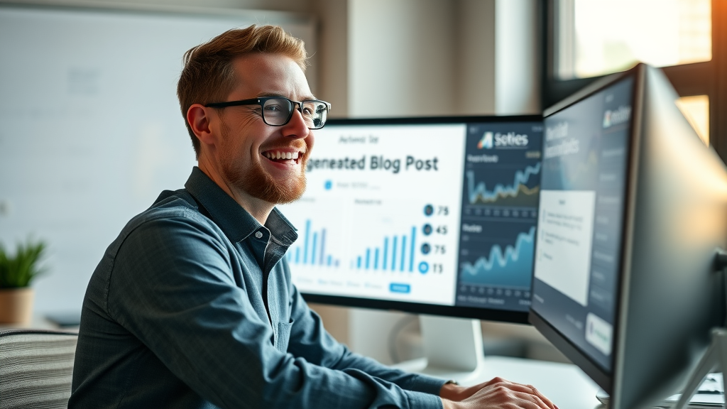 Marketer analyzing AI-generated blog post analytics for automated content creation on social media