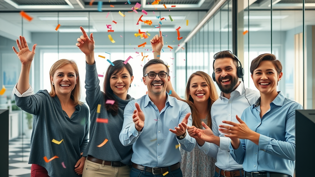 Dynamic team celebrating AI-driven achievements in call center with digital dashboards and achievement charts, illustrating machine learning success in communications.
