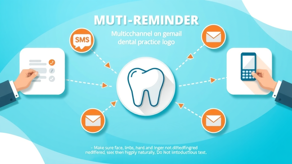 Modern multichannel dental appointment reminder infographic showing SMS, email, and call icons connected to a dental office logo