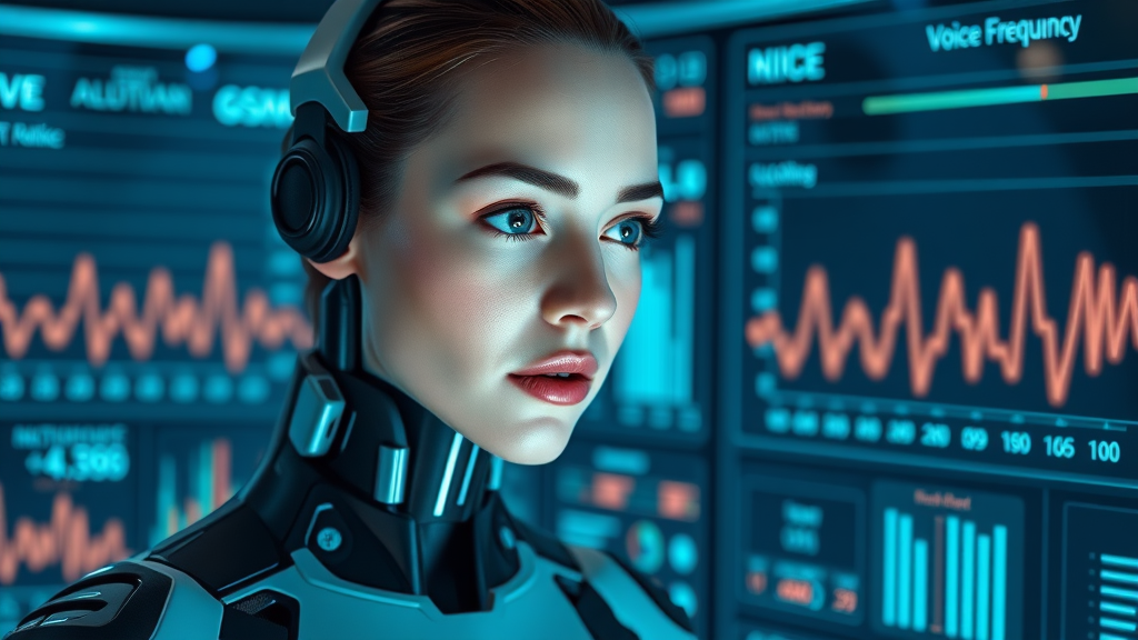 Cutting-edge AI assistant analyzing live voice data with sleek digital interface, representing machine learning for voice calls in real-time.