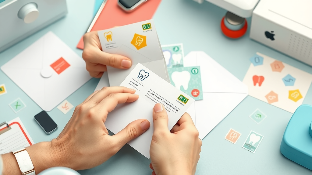 Dental Patient Reactivation with direct mail postcards and hands placing colorful dental reminders into envelopes