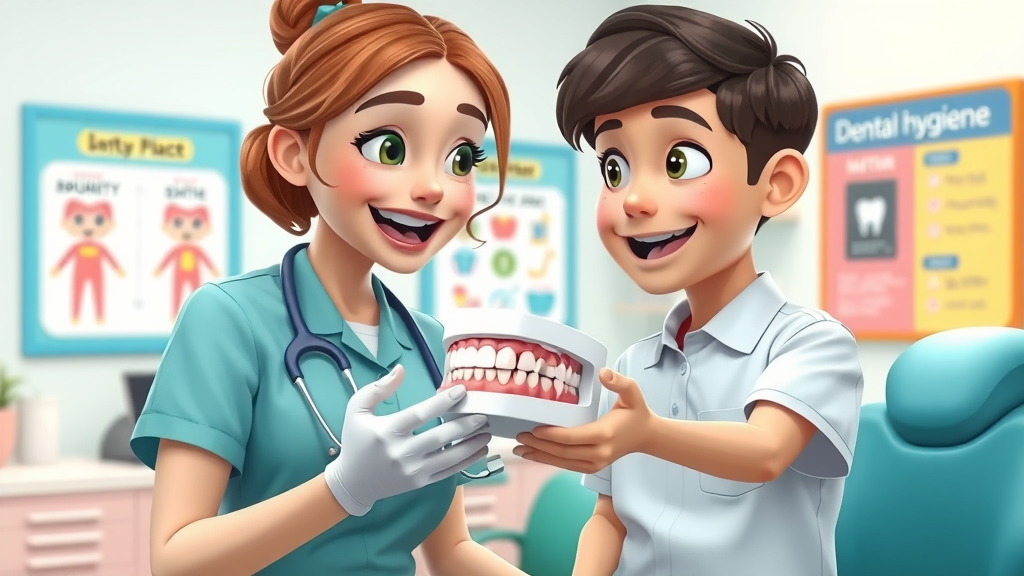 Caring dental hygienist providing educational guidance to dental patient, handing dental model, improving dental patient retention, pastel bright setting, learning-friendly atmosphere