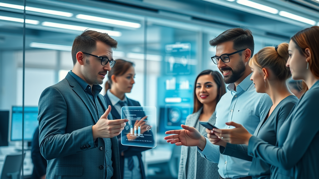 Futuristic digital workspace showing content creators collaborating with intelligent AI tool assistants for content generation.