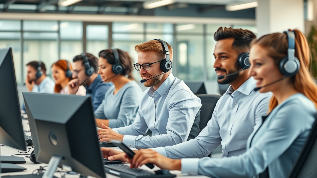 Modern call center environment with professionals using natural language processing technology for customer service