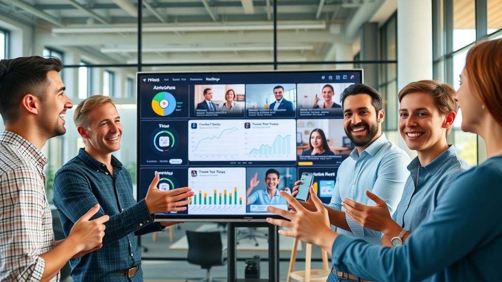 AI Digital Videos enthusiastic marketing team analyzes campaign results with large smart screen, AI-generated personalized video data