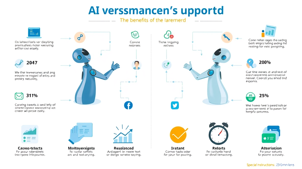 Infographics showing benefits of AI agents vs. human support: 24/7, multilingual, instant response, customer service, conversational ai agents