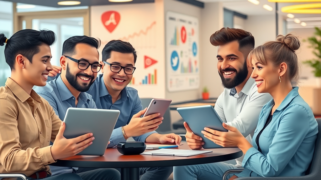social media marketers preparing AI-driven video posts with analytics in coworking space