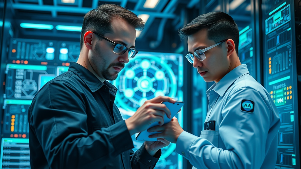 Technical deployment with IT professionals configuring AI phone agent software, futuristic high-tech server room.