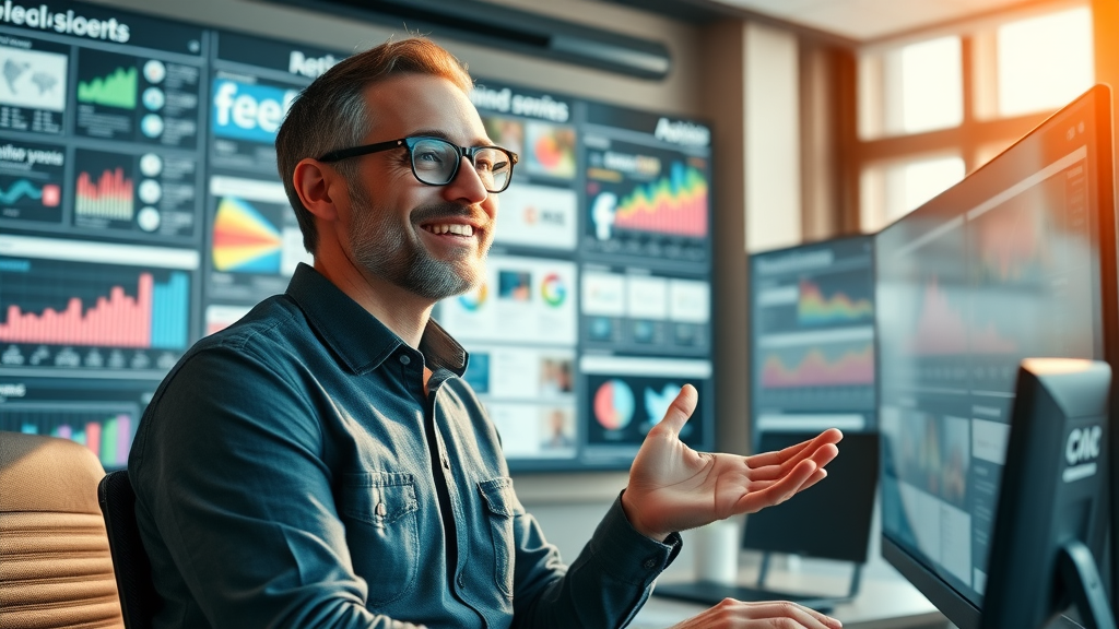 Professional marketer uses AI dashboard to auto-generate social media content, showcasing efficiency of artificial intelligence content generation.