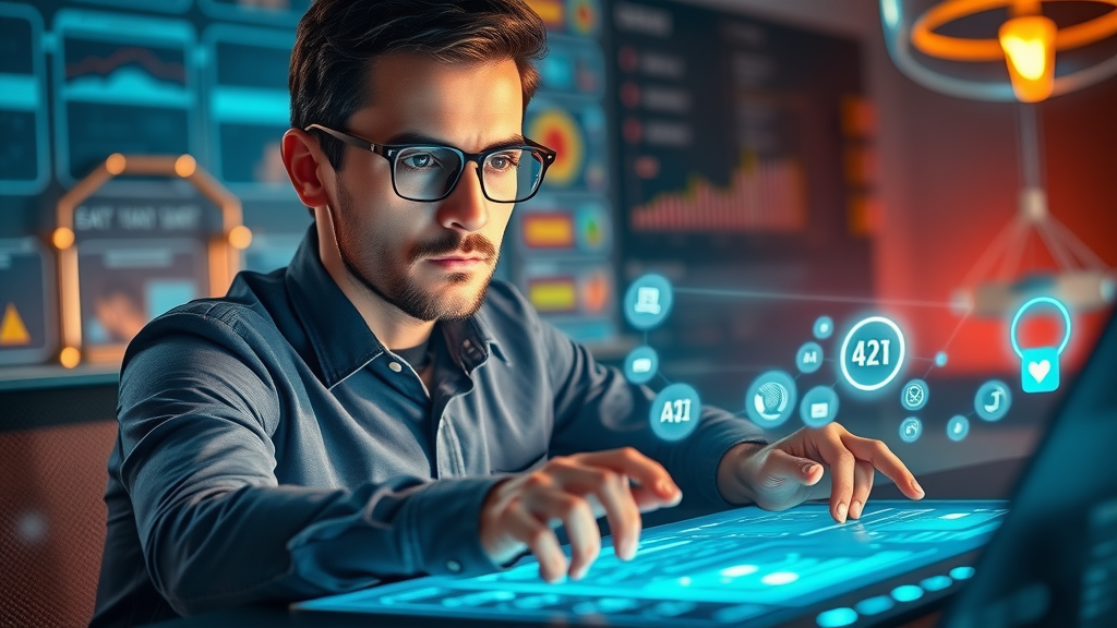 Professional comparing AI content automation tools and dashboards for automated content creation