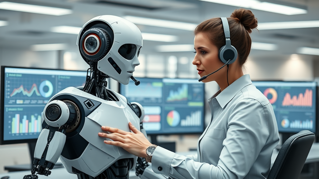 smart AI robot collaborating with human agent in a high-tech call center with analytics dashboards