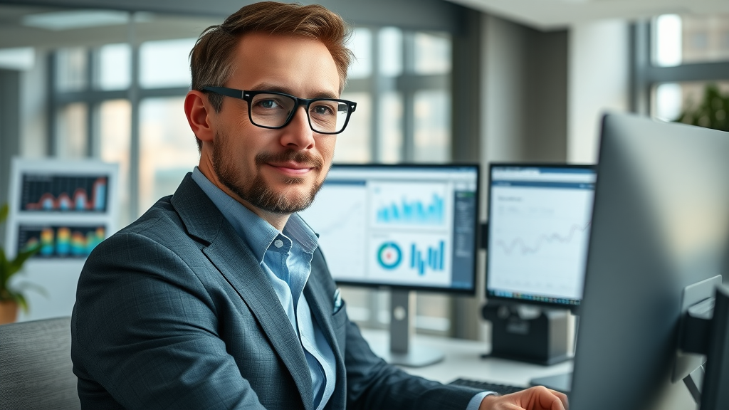 professional SEO strategist analyzing dental practice growth data in a modern office with analytics screens