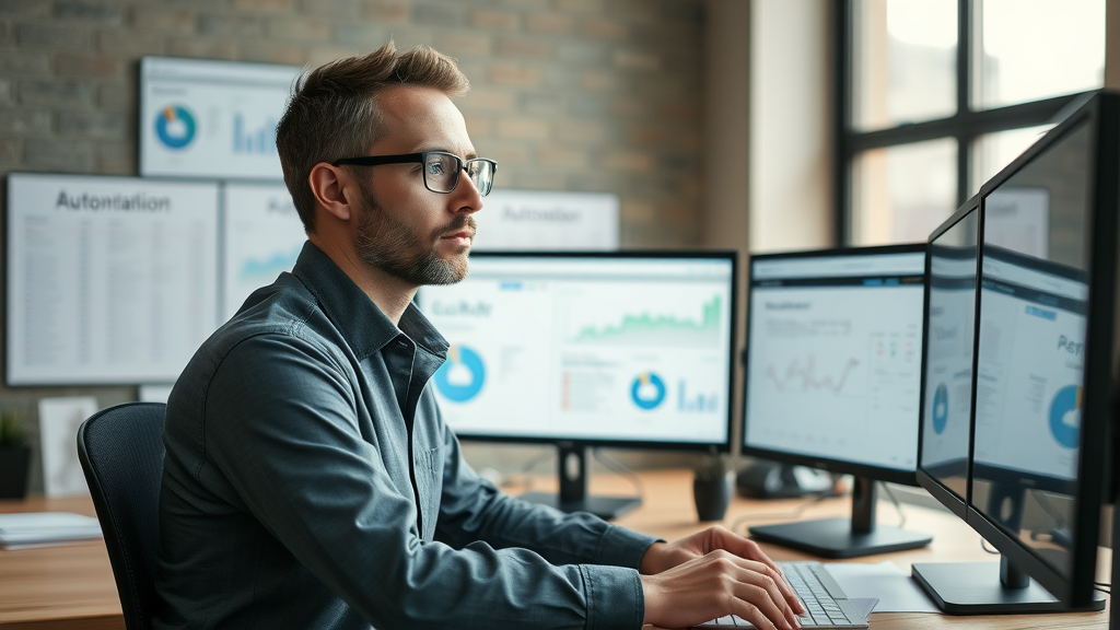 content management - organized content manager analyzing automated workflows on unified dashboard