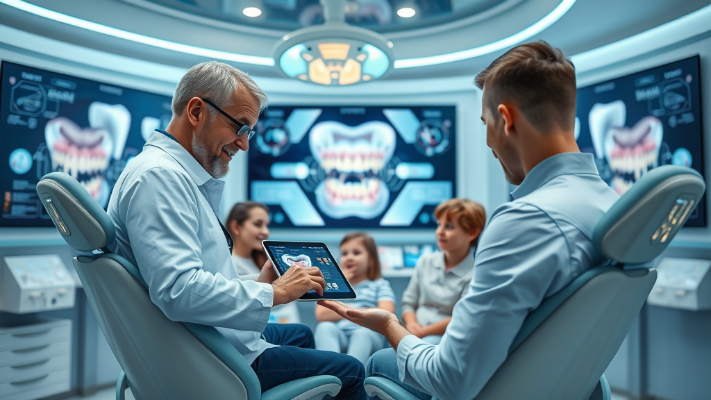 modern dental practitioner educating family on oral health via digital tools in a futuristic dental clinic