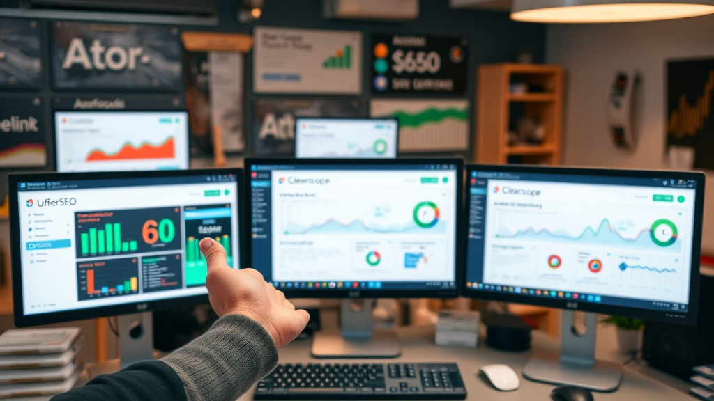 Collection of top AI SEO tool dashboards: SurferSEO, Clearscope, Jasper, MarketMuse, Frase, AI tools for content optimization
