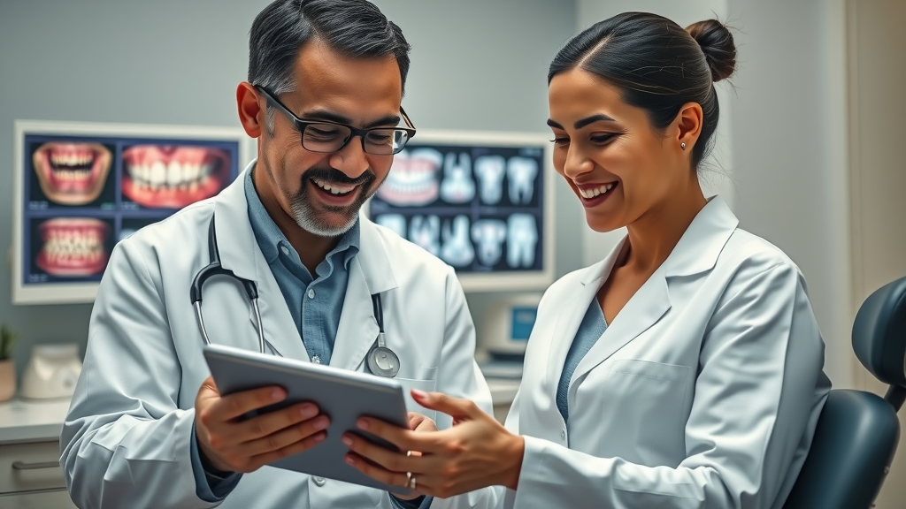 empathetic dentist discussing dental images with a patient using a tablet, highlighting effective communication and patient engagement in dental care