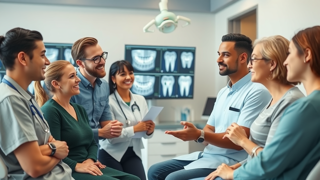 Professional dental team consulting diverse dental patients, engaged and attentive, explaining treatment plan options, improving dental patient retention, digital plan visuals, modern clinic