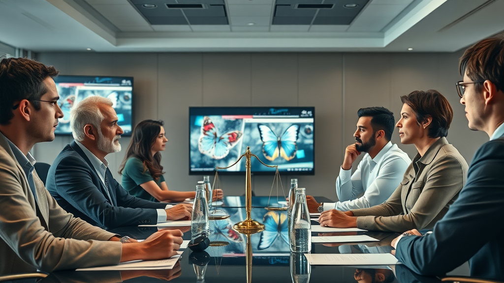 AI ethics panel discussing video moderation and authenticity in modern meeting room