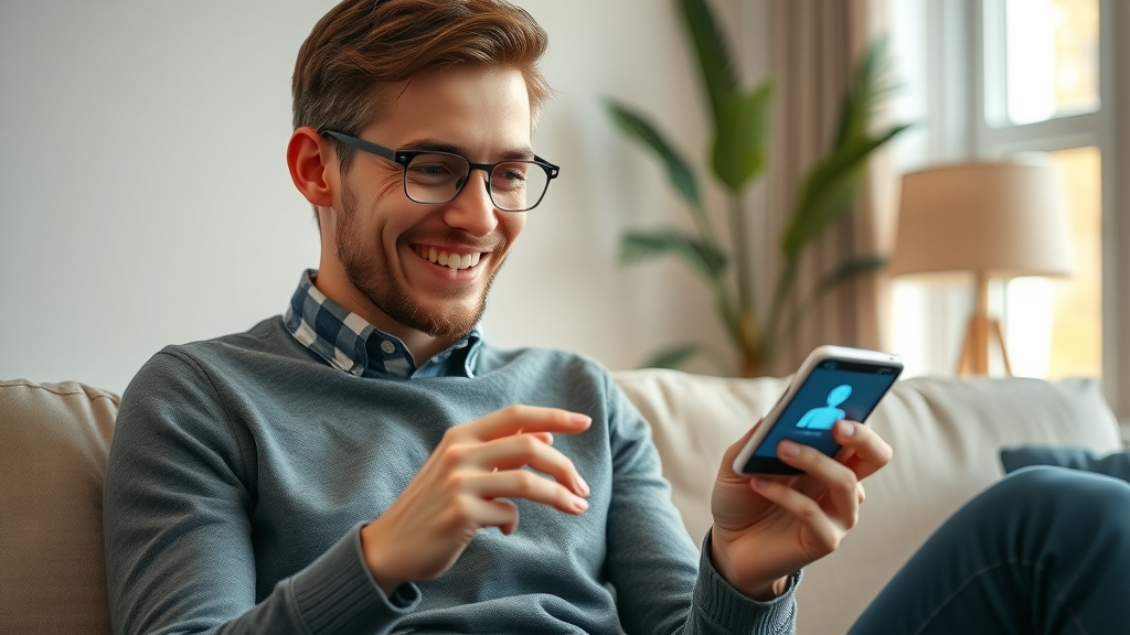 Lifelike customer using smartphone to chat with AI chatbot in a modern living room, real-world example of conversational ai agent in customer experience