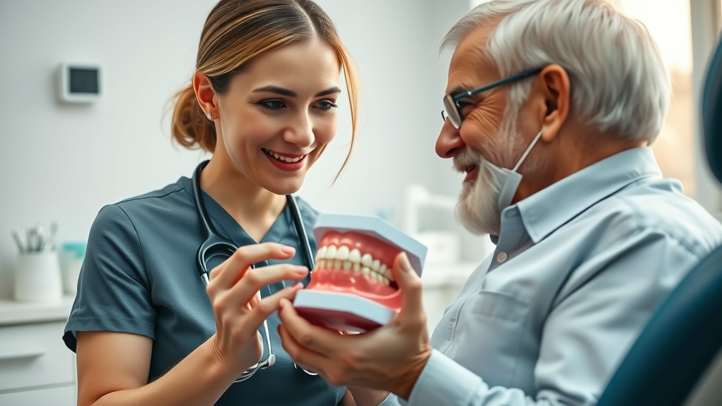 Empathetic dentist explaining dental procedures using a model, dental patient communication for improving treatment plan acceptance