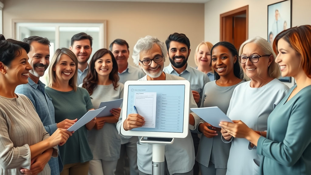 diverse dental patients giving feedback and smiling, patient satisfaction surveys in dental office