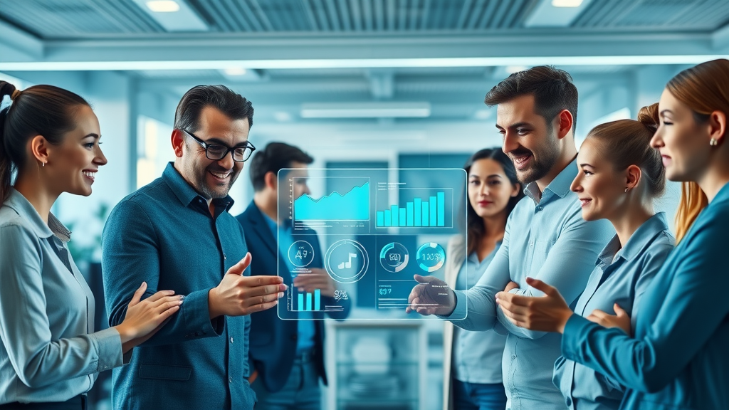 futuristic digital marketing team collaborating around holographic AI interfaces for AI Content Creation