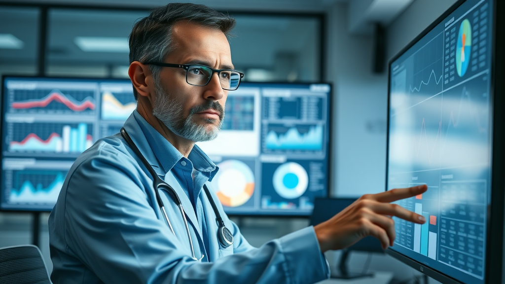 healthcare administrator reviewing patient recall system analytics and data trends