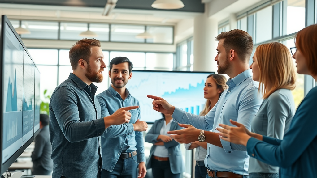 Dynamic team of marketers using AI-powered copywriting tools in a modern office