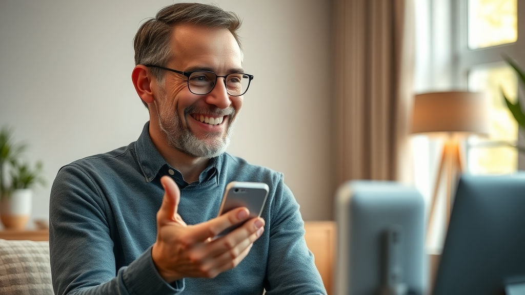 Smiling customer interacting with AI voice assistant, satisfied expression, modern living room smart devices, digital interface.