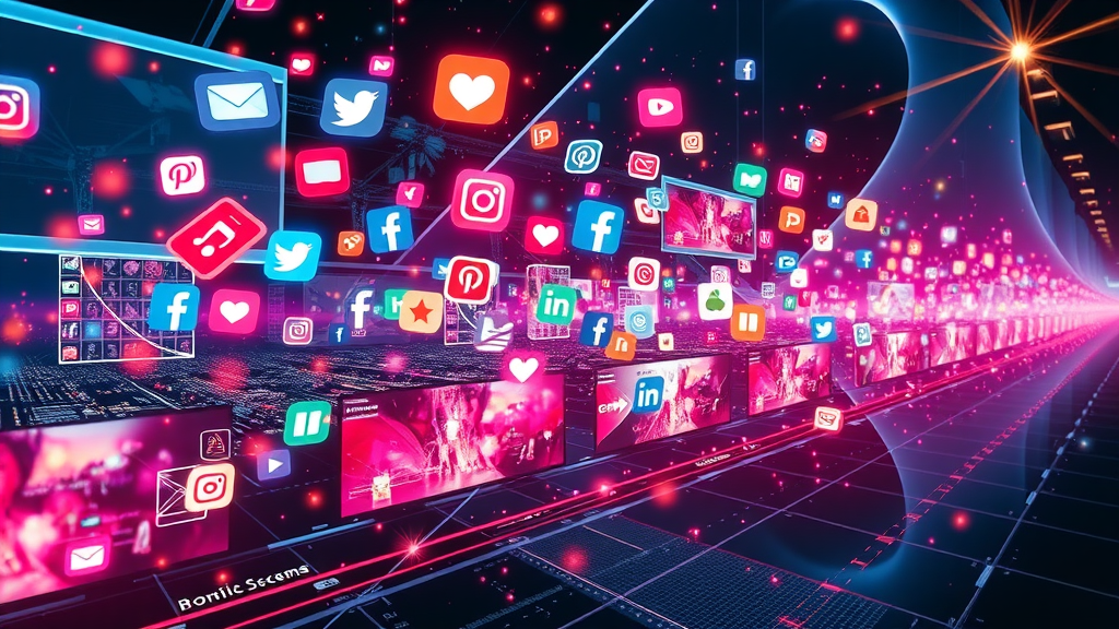 Neon-lit social media icons swirling around a futuristic video timeline, digital video editing goes viral