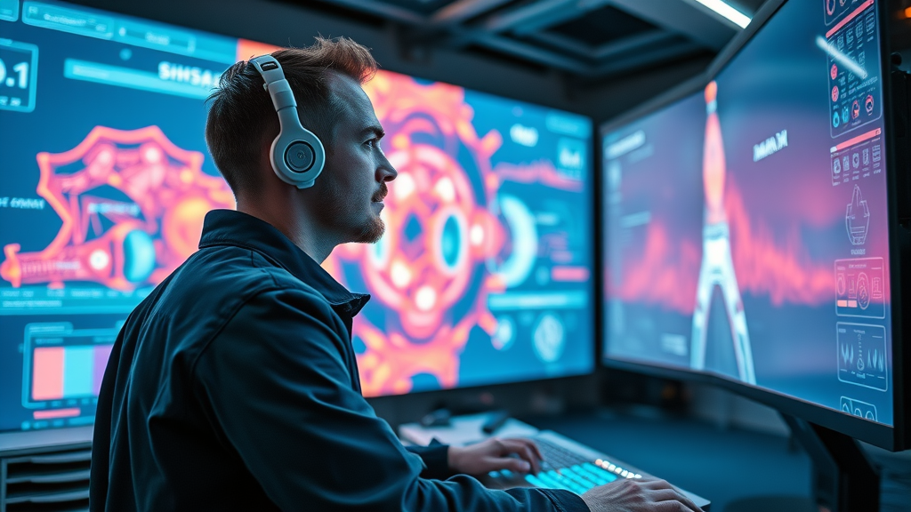 AI Digital Videos futuristic digital artist in high-tech workspace with virtual video wall displaying vibrant AI-generated visuals, cinematic glowing effects