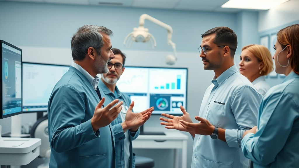 Dental patient reactivation AI analytics in modern dental clinic dashboard. Dental team reviews patient charts and reactivation program insights