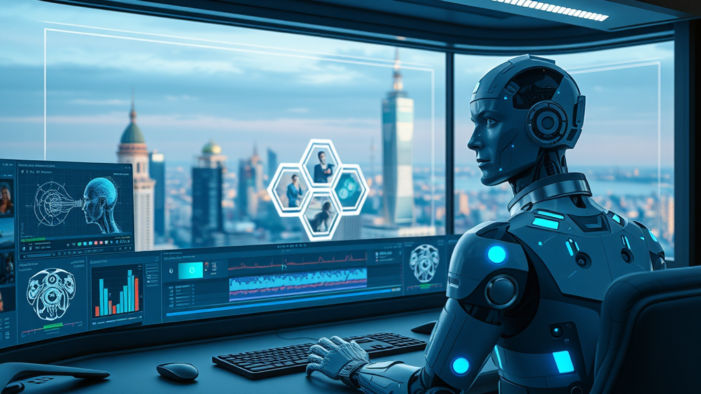 AI-powered futuristic video editing interface, digital video editing trends and advancements