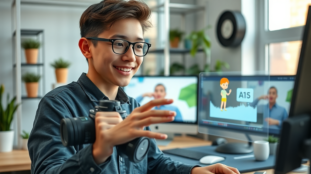 young filmmaker editing video using AI video editor, modern video production with generative AI