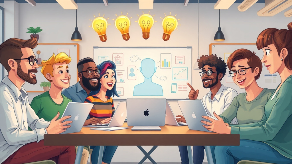 Diverse content creators collaborate with a virtual AI assistant, symbolizing synergy in artificial intelligence content generation.