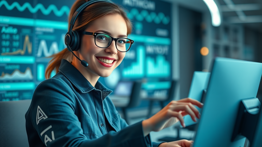 Modern call center agent interacting with AI-powered dashboard call routing system
